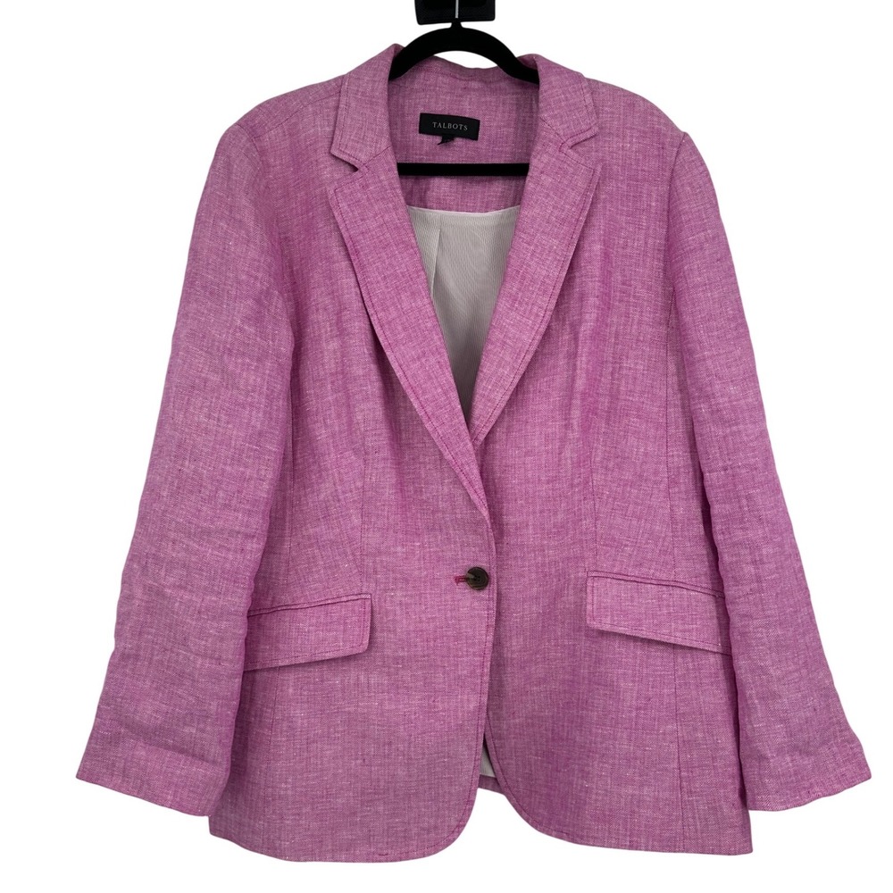 Talbots Women's 18 Pink 100% Linen Herringbone Blazer Jacket Single Button